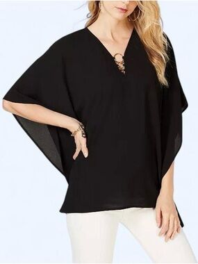 Michael Kors Black V-Neck O-Ring Poncho Tunic Top